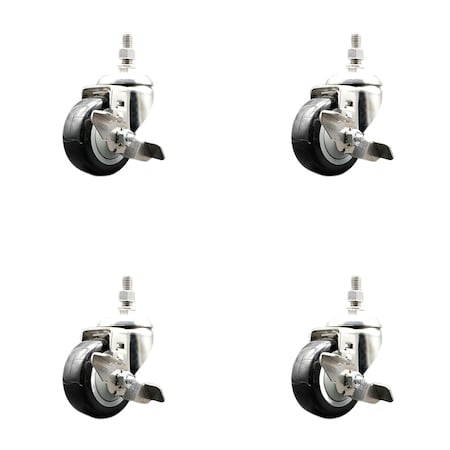 Service Caster 3 Inch 316SS Black Polyurethane Swivel 1/2 Inch Threaded Stem Caster Set Brake SCC SS316TS20S314-PPUB-BLK-TLB-121315-4